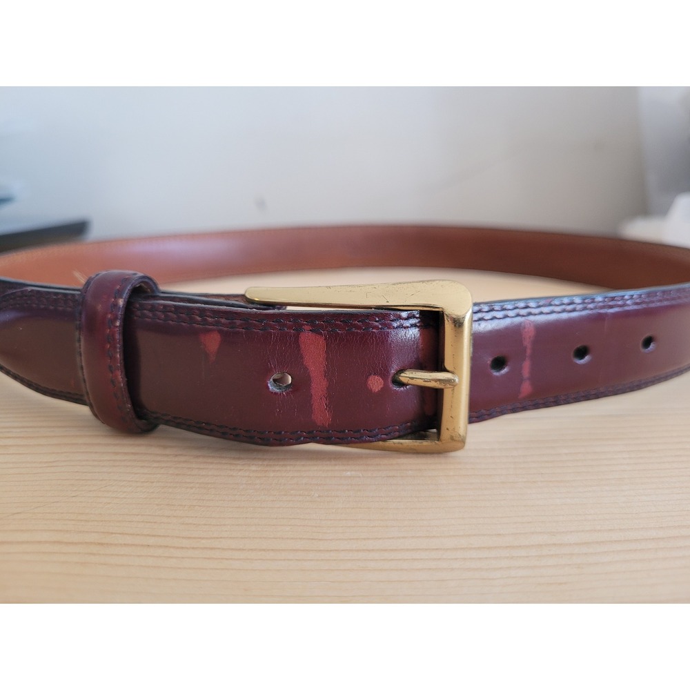 Vintage Burgundy Hand Antiqued Brush Off Leather‎ Belt Gold Buckle Oxblood